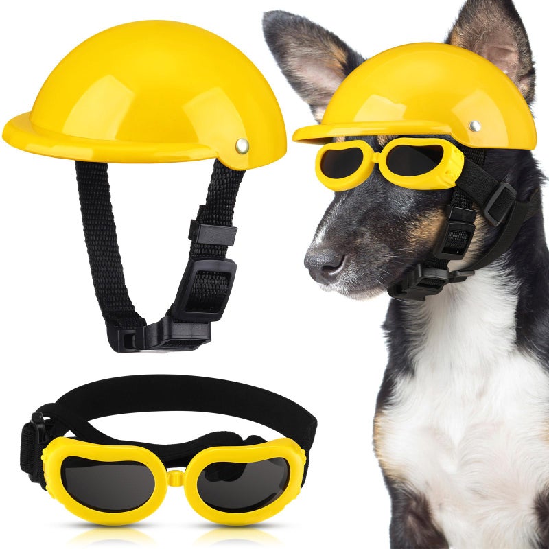 Frienda Dog Helmet and Goggles, UV Protection Doggy Sunglasses and 4 Inch Padded Puppy Motorcycle Helmet Adorable Dog Goggles with Adjustable Belt for Small Dogs Puppy Riding(Yellow,L) - Image 1