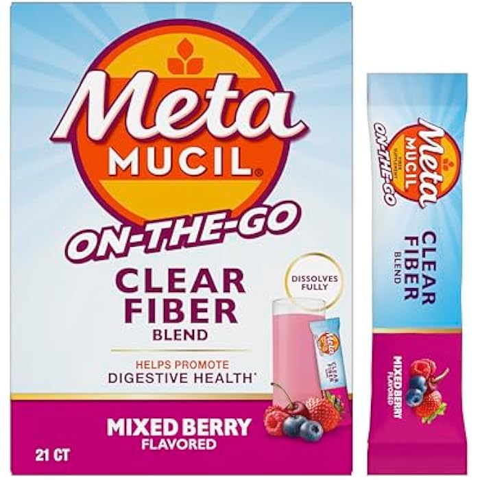 Metamucil Fiber Supplement, Clear Mixing Fiber Powder Stick Packs, Mixed Berry Flavor, On the go, Plant Based Prebiotic Fiber Supplement Blend for Daily Digestive Health, 21 Stick Packs - Image 1