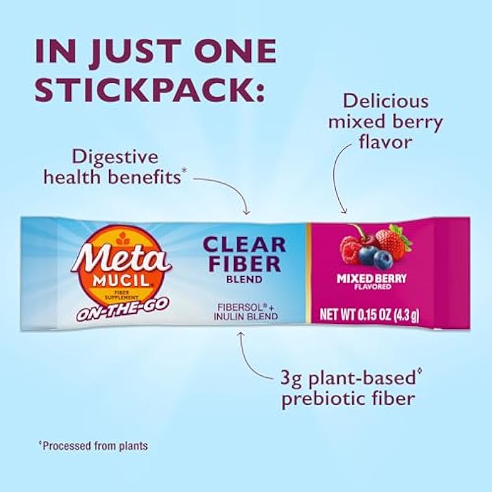 Metamucil Fiber Supplement, Clear Mixing Fiber Powder Stick Packs, Mixed Berry Flavor, On the go, Plant Based Prebiotic Fiber Supplement Blend for Daily Digestive Health, 21 Stick Packs - Image 2