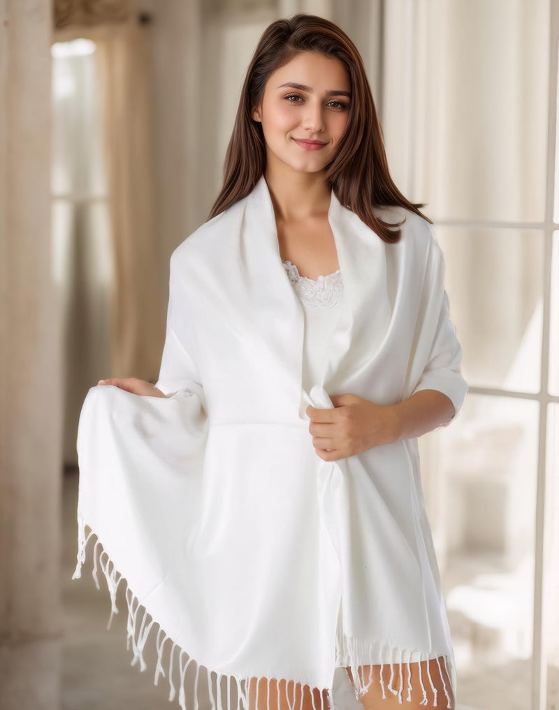 Achillea Soft Silky Pashmina Scarf for Women â€“ Shawl Wrap for Evening Dresses, Bridesmaids, Weddings & Everyday Wear (White) - Image 2
