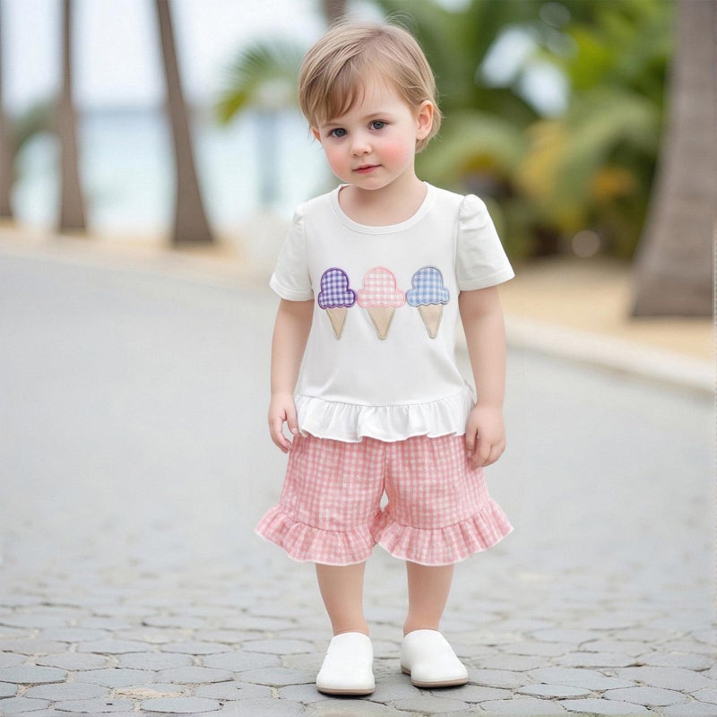 fhutpw Toddler Baby Girls Summer Clothes Smocked Short Sleeve T-Shirt Tops Ruffled Plaid Short Sets Cute Outfits 2Pcs (Ice Cream Pink, 18-24 Months) - Image 2