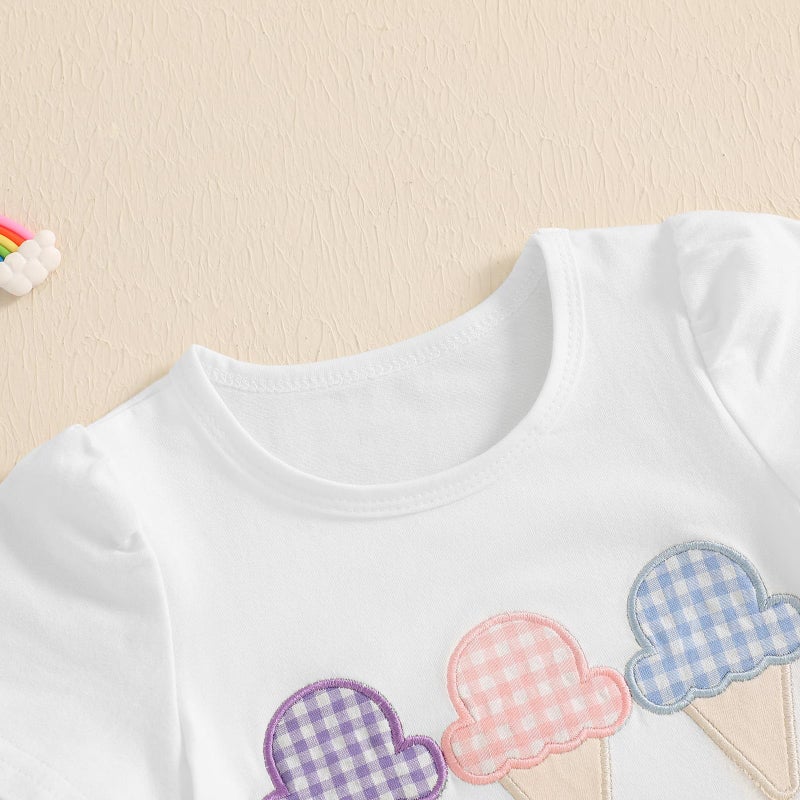 fhutpw Toddler Baby Girls Summer Clothes Smocked Short Sleeve T-Shirt Tops Ruffled Plaid Short Sets Cute Outfits 2Pcs (Ice Cream Pink, 18-24 Months) - Image 4