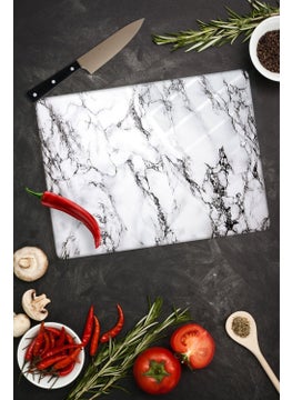 Sabanbaba Decorative Glass Cutting Board White Marble 30 x 40 cm | Glass Cutting Table  - Image 1