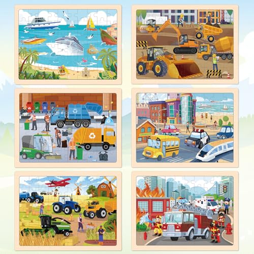 Duchong Puzzles for Kids Ages 46 6 Packs 60 Pcs Wooden Jigsaw Puzzles for Kids Ages 68 Preschool Educational Vehicle Toys Gifts for 3 4 5 6 7 8 Boys Girls - Image 5