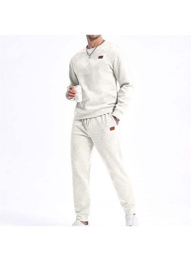 SPRING هودي رجالي خريفي رياضي كاجوال بلون موحد بياقة دائرية سترة محبوكة جاكار مجموعة من قطعتين بأكمام طويلة وسروال طويل - Image 1
