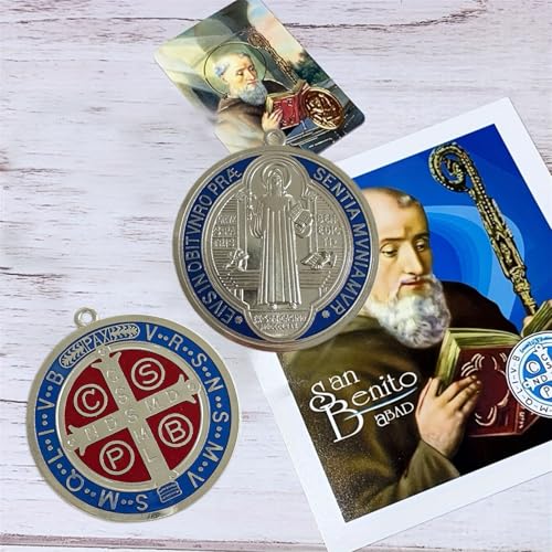 Bovemee 2PCS ST BENEDICT CROSS MEDAL 3 INCH VINTAGE BRASS TONE FINISH FOR WALL OR DESK DISPLAY/MEDALLA DE SAN BENITO (Blue) - Image 4