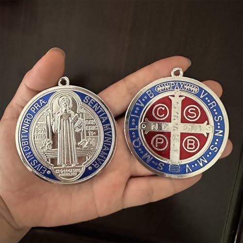 Bovemee 2PCS ST BENEDICT CROSS MEDAL 3 INCH VINTAGE BRASS TONE FINISH FOR WALL OR DESK DISPLAY/MEDALLA DE SAN BENITO (Blue) - Image 1