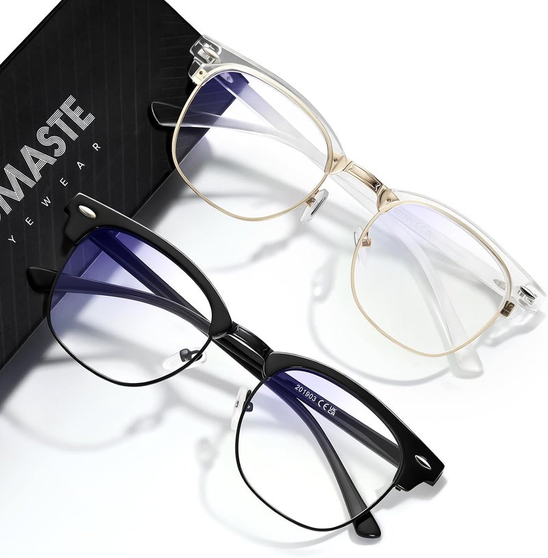 AOMASTE Store Blue Light Blocking Glasses Vintage Half Frame UV Clear Lens Anti Eyestrain Computer Gaming Glasses for Women Men (G03-crystal Gold+Bright Black) - Image 1