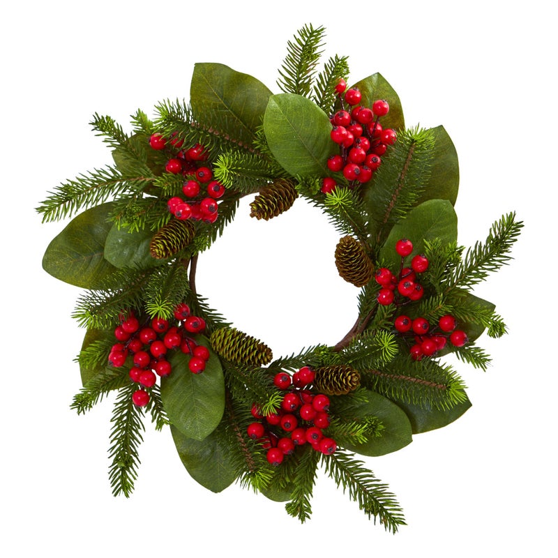 Nearly Natural Nearly Natural 19in Magnolia Leaf Berry and Pine Artificial Wreath 