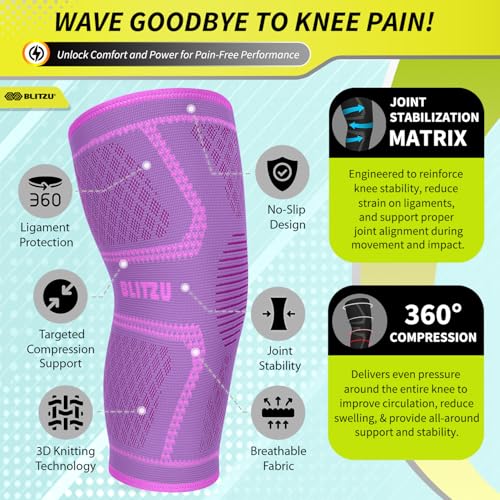 BLITZU Knee Brace for Women & Men, 2 Pack Compression Knee Brace, Knee Support Sleeve for Pain Relief, Running, Workout, Sports, Knee Braces for ACL, Meniscus Tear, Arthritis and Injury Recovery Purple L - Image 3