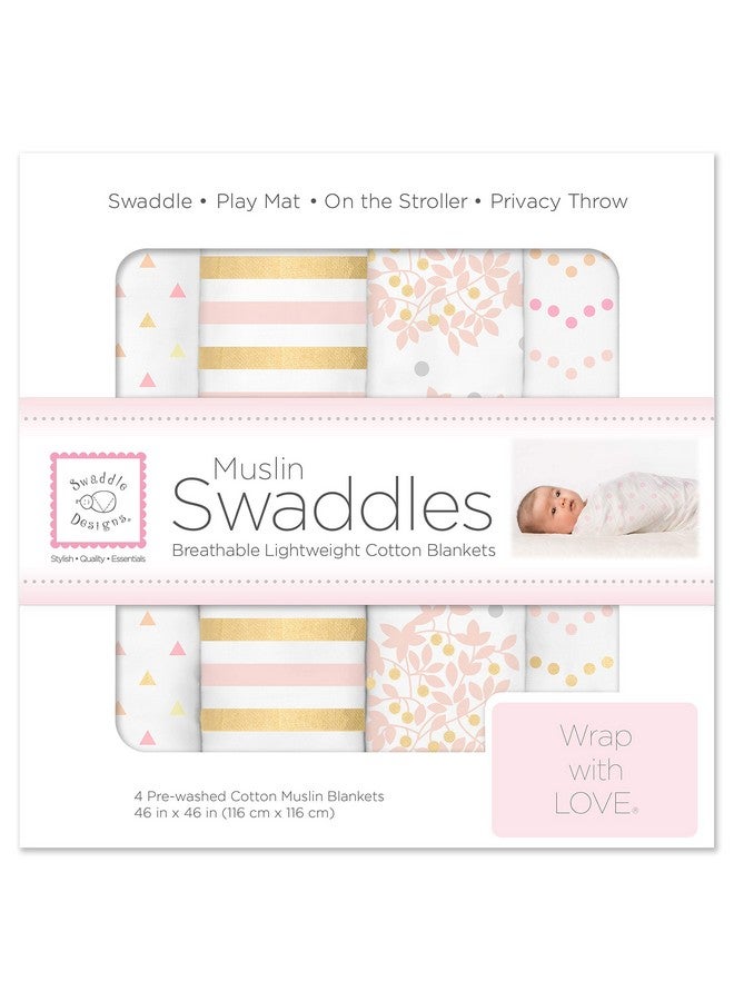 SwaddleDesigns Cotton Muslin Swaddle Blankets Set Of 4 Receiving Blankets For Baby Boys & Girls Best Shower Gift 46X46 Inches Pink Floral & Stripes - Image 1