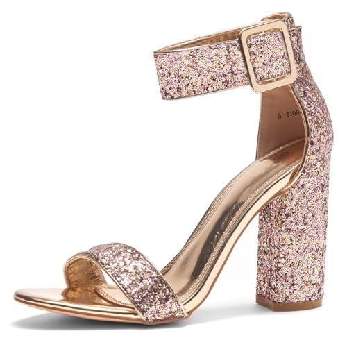 Herstyle Rumors Women's High Heels Open Toe Chunky Block Heeled Sandals with Ankle Strap – Dressy Strappy Heels for Prom Wedding Office, and Party, GoldGlitter, Size 8.0 - Image 1