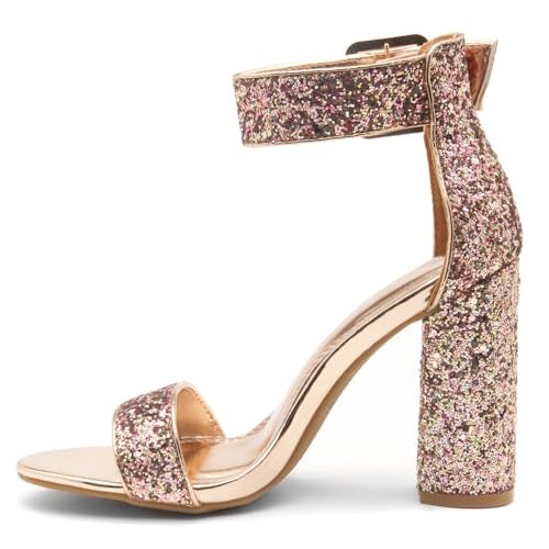 Herstyle Rumors Women's High Heels Open Toe Chunky Block Heeled Sandals with Ankle Strap – Dressy Strappy Heels for Prom Wedding Office, and Party, GoldGlitter, Size 8.0 - Image 3