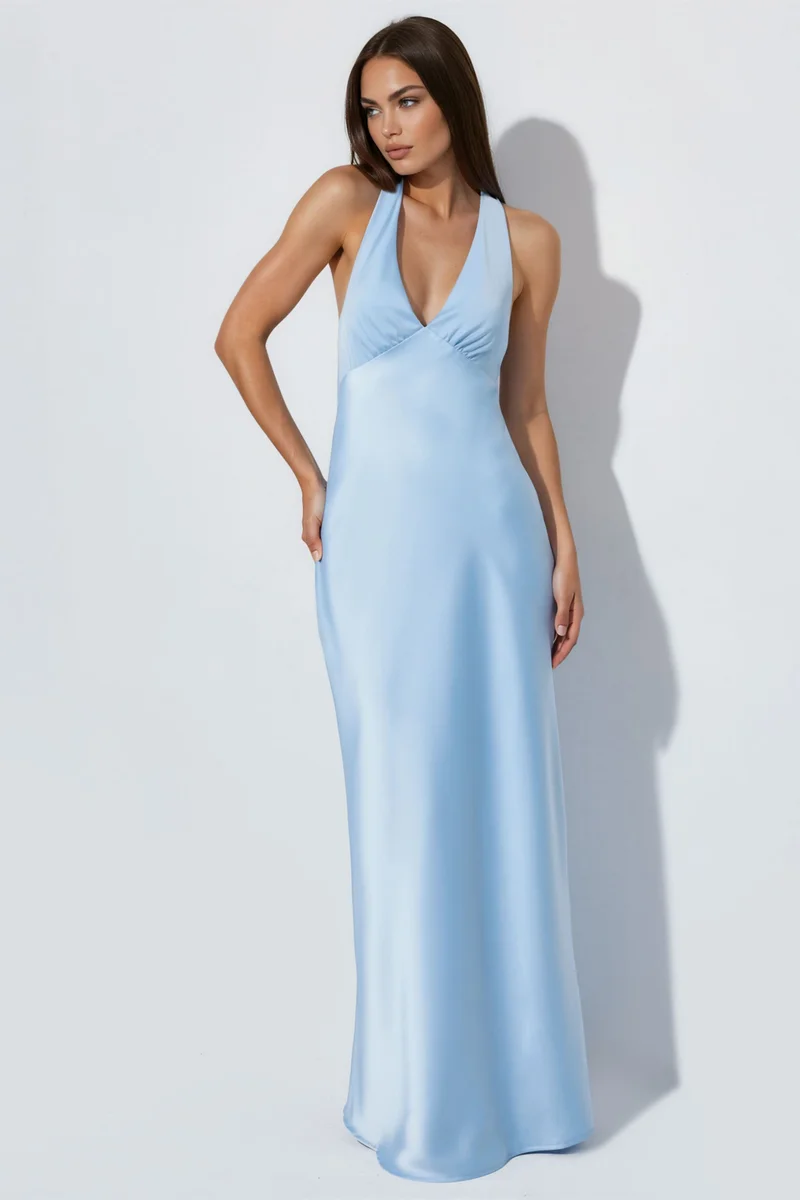 هيكاب Halter Neck V-Neck Satin Maxi Dress