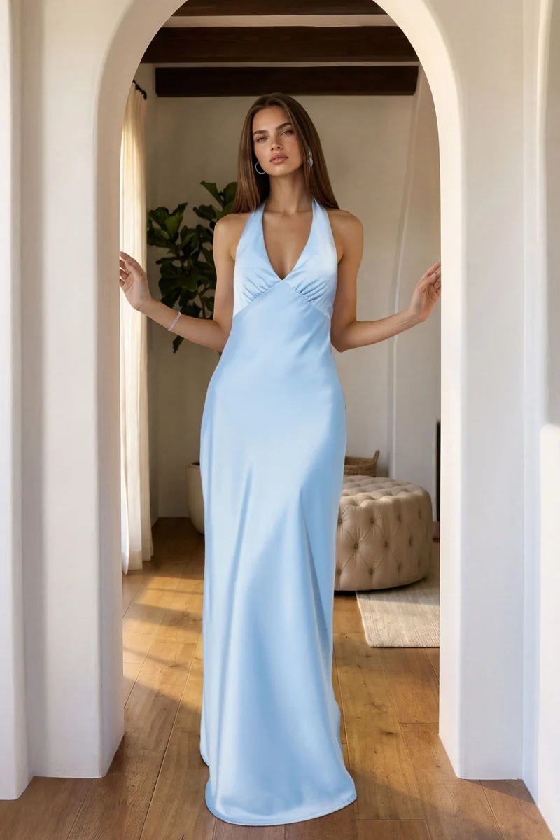 هيكاب Halter Neck V-Neck Satin Maxi Dress