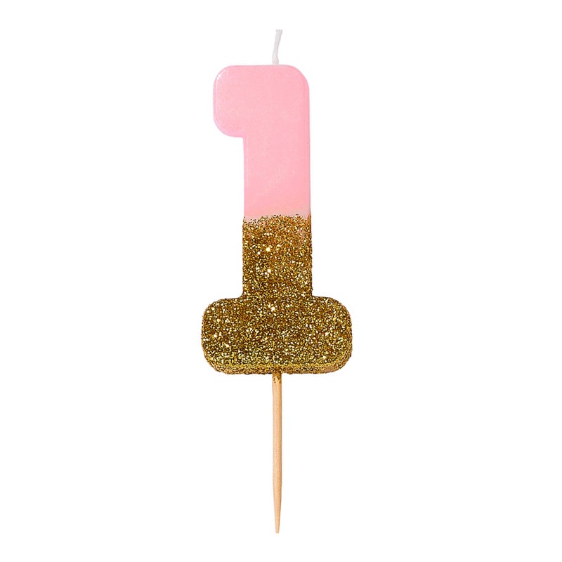 Talking Tables Pink Number 1 Candle with Gold Glitter Premium Quality Cake Topper Decoration For Kids, Adults, Teenagers, 1st Birthday Party, Anniversary, Milestone Age, 3" - Image 1