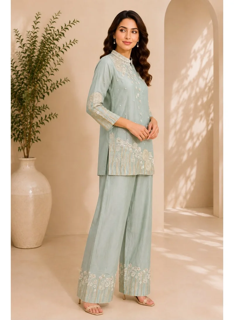 Lehar  Women's Pastel Green Floral Embroidered Kurta & Palazzo Co-Ord Set for Women | Best Price UAE