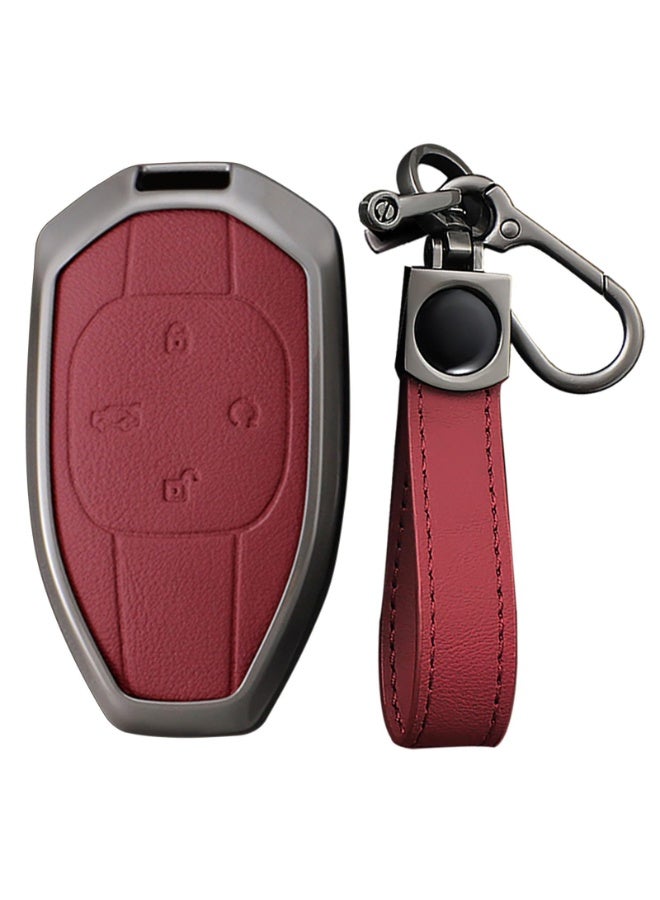 NOSKIN Leather Metal Car Key Fob Cover Fit for Trumpchi GAC 2021 Empow J11 J12 GS8 GM6 Key Protective Cover Keychain Key Holder Key Cover 4 Button (Red) - Image 1