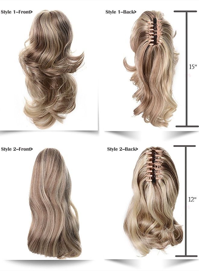 Lydell 12" Dual Use Straight Curly Styled Clip In Claw Ponytail Hair Extension Synthetic Hairpiece 125g with a jaw/claw clip (12TT26 Light Brown with Highlights) - Image 3