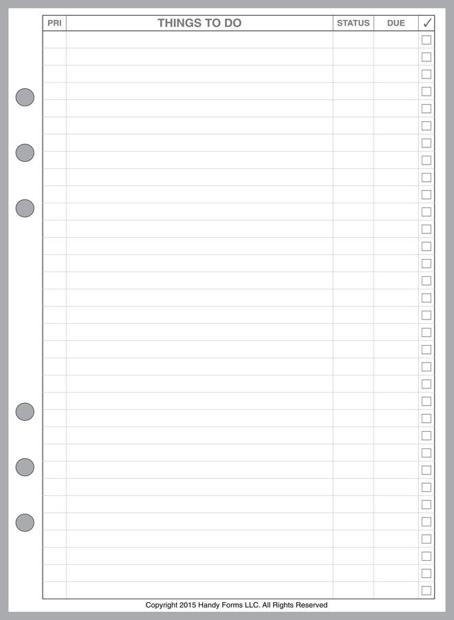 Handy Forms A5 Size to Do List Planner Pages, Sized and Punched for 6-Ring A5 Notebooks by Filofax, LV (GM), Kikki K, TMI, and Others. Sheet Size 5.83" x 8.27" (148mm x 210mm) - Image 1