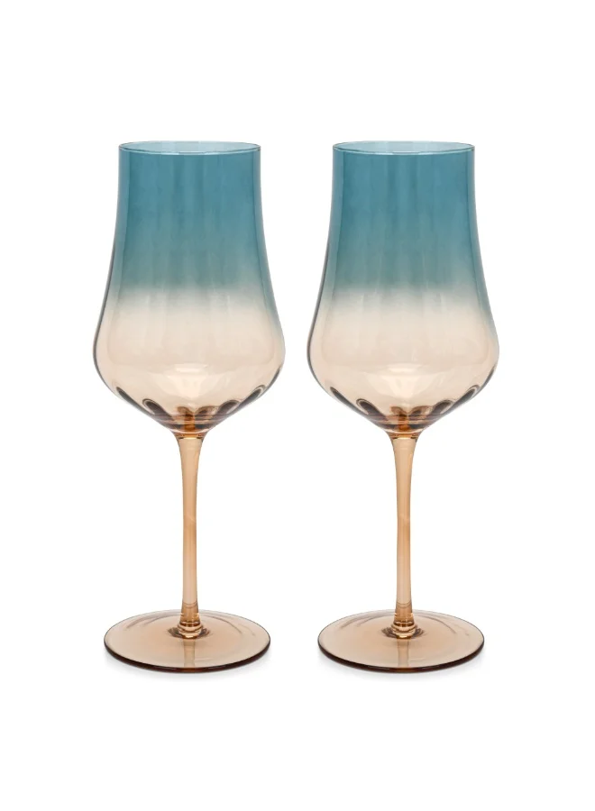 Fissman Wine Glass Set of 2 600mL, Handmade Mouth Blown Red Wine Glasses | Elegant Gradient Teal Color Glass | Long Stem Crystal Clear Glasses Excellent Gift