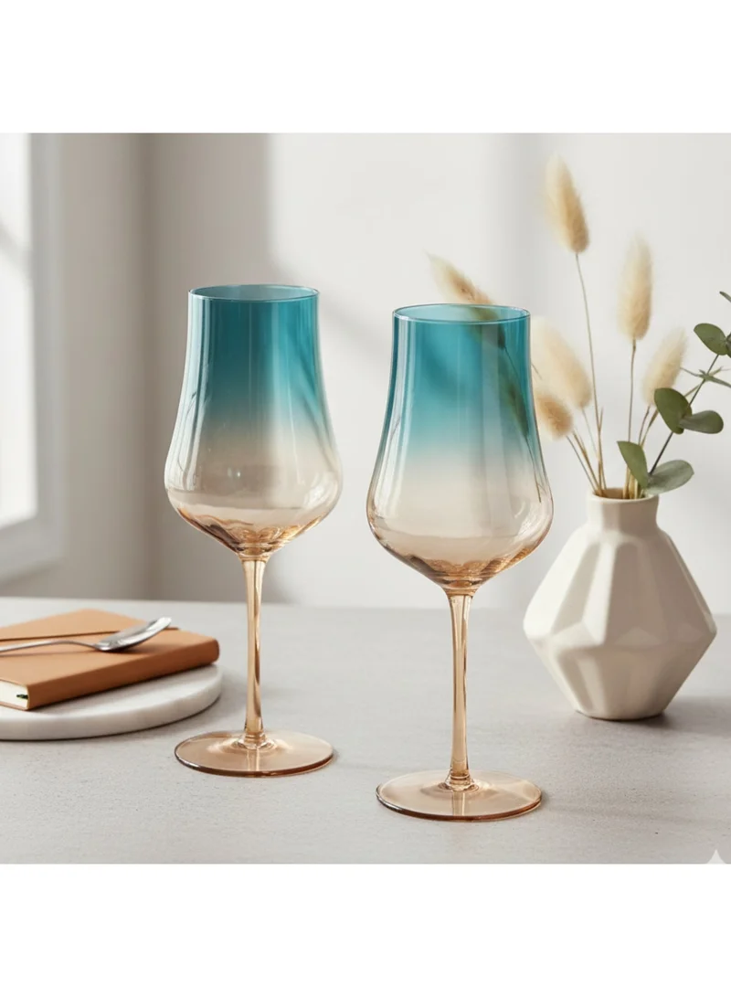 Fissman Glass Set of 2 600mL, Handmade Mouth Blown, Elegant Gradient Teal Color Glass | Long Stem Crystal Clear Glasses Excellent Gift