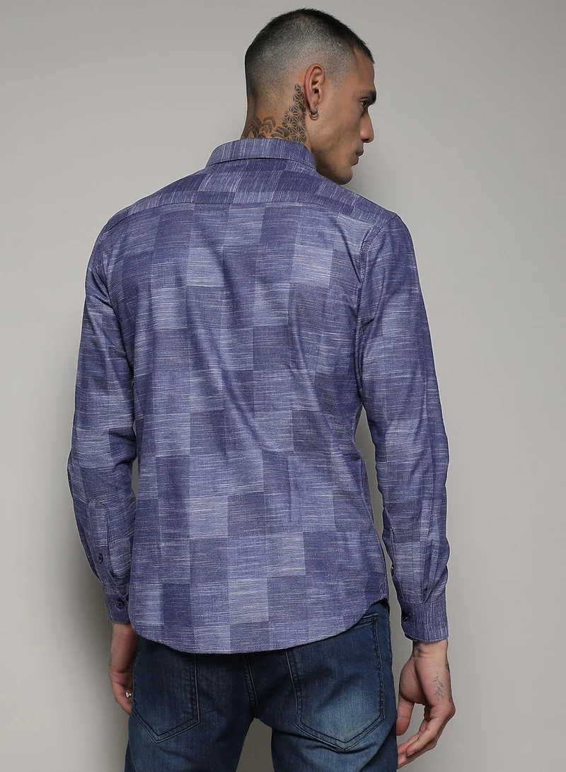 Campus Sutra Men's Steel Blue Heathered Denim Check Shirt
