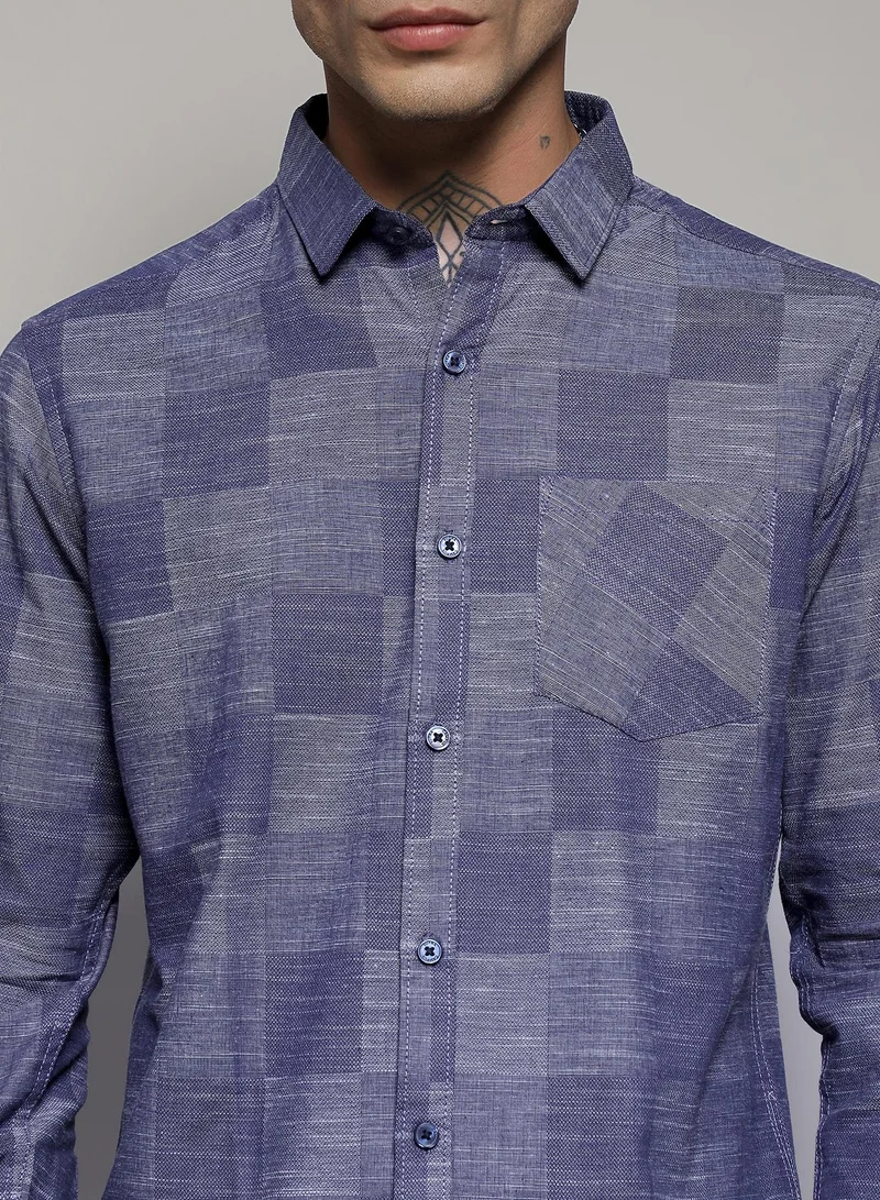Campus Sutra Men's Steel Blue Heathered Denim Check Shirt