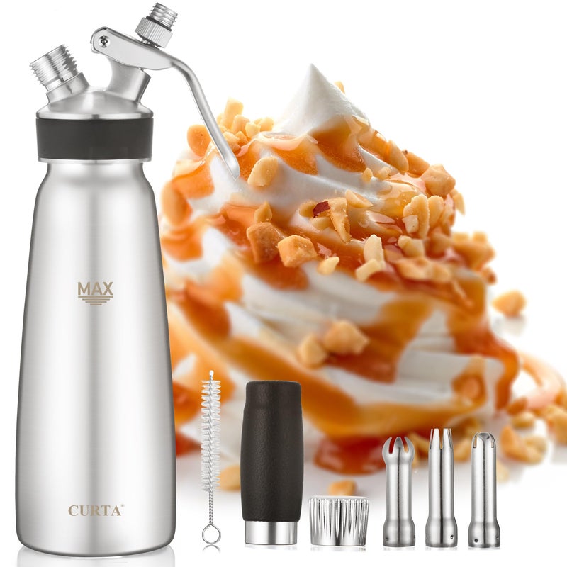 CURTA Stainless Steel Professional Whipped Cream Dispenser LeakFree Cream Whipper Cream Maker with 3 Decorating Tips Cleaning Brush 500ml 1 Pint Canister N2O Charger Not Included