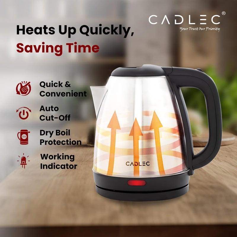 CADLEC Aquanix 1.8 Litre Electric Kettle with Stainless Steel Body | Automatic Cut-Off | Cool-Touch Handle & Lid | Multi-Use for Tea, Coffee, Noodles | 1500W | 2-Year Warranty - Image 4