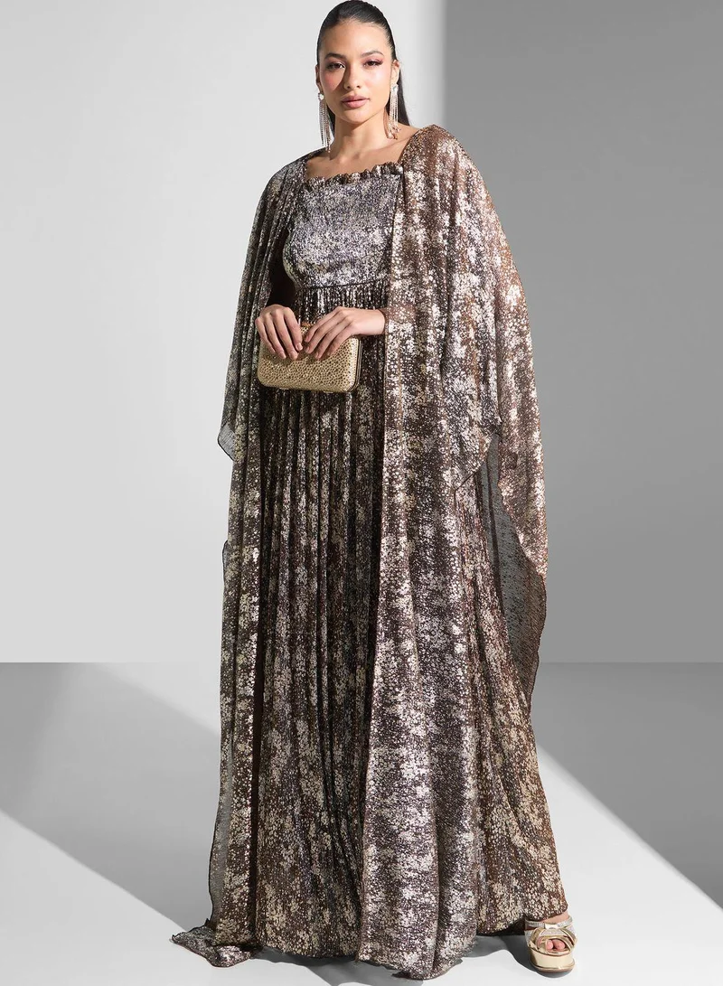 Golden Apple Floral Printed Cape Sleeve Dress