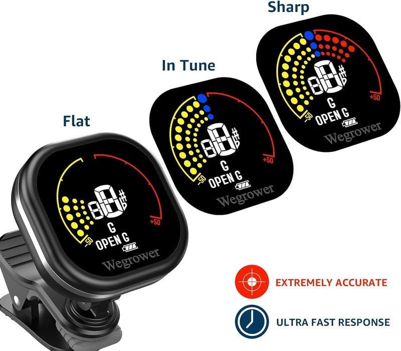 WEGROWER Guitar Tuner Rechargeable, Clip On Tuner with LCD Color Display with Guitar, Ukulele, Violin and Chromatic Tuning Modes, Tuners for Musical Instruments - Image 2