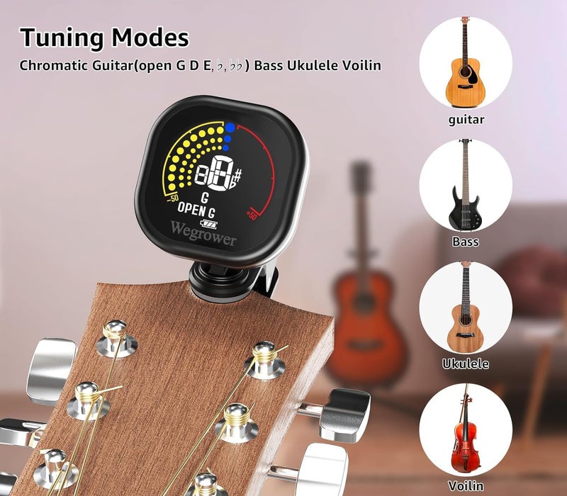WEGROWER Guitar Tuner Rechargeable, Clip On Tuner with LCD Color Display with Guitar, Ukulele, Violin and Chromatic Tuning Modes, Tuners for Musical Instruments - Image 5