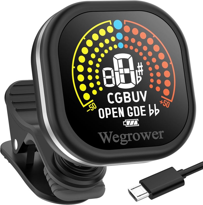 WEGROWER Guitar Tuner Rechargeable, Clip On Tuner with LCD Color Display with Guitar, Ukulele, Violin and Chromatic Tuning Modes, Tuners for Musical Instruments - Image 1