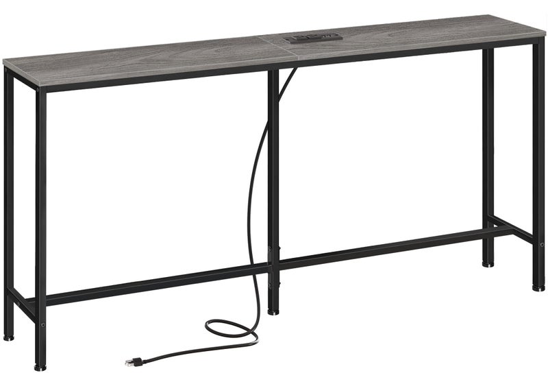 SUPERJARE Console Table with Outlet 63 Inch Sofa Table with Charging Station Narrow Hallway Entryway Table Behind Couch Table Skinny for Entryway Living Room Plants Charcoal Gray