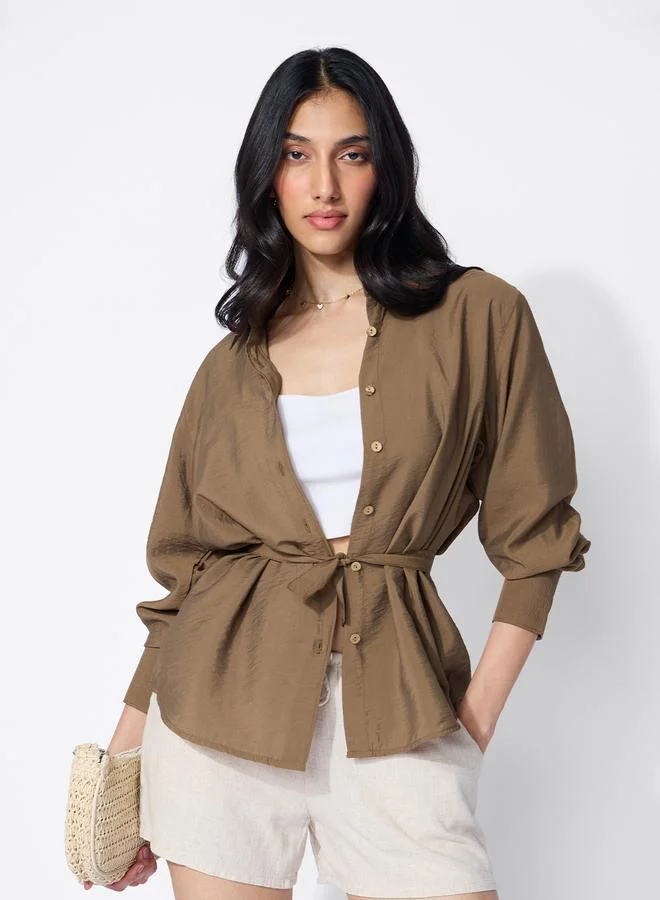 The Souled Store Brown Long Sleeve Shirt with Back Tie-Up