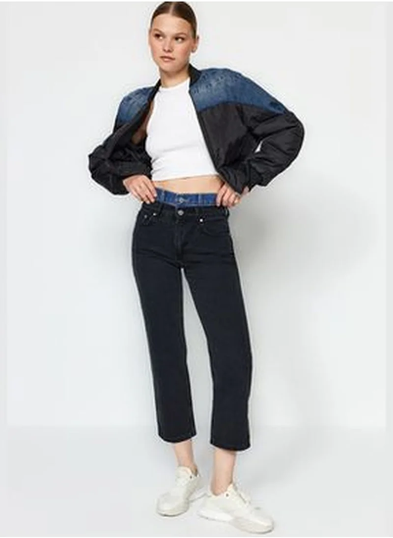 trendyol Black Color Block Belt Detail High Waist Straight Jeans TWOAW24JE00295