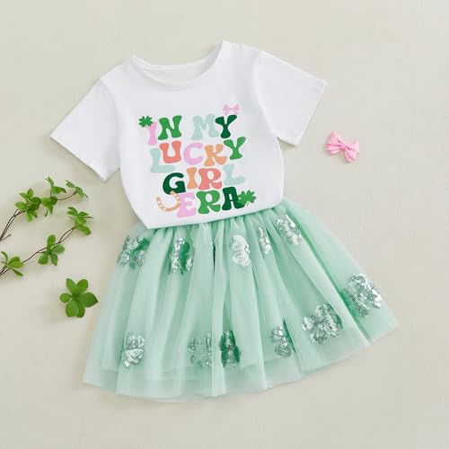 YINGISFITM St Patricks Day Baby Girl Outfit Letter Short Sleeve T Shirt Clover Sequin Skirts Sets Toddler Girl Clothes Lucky Girl Green 34T - Image 3