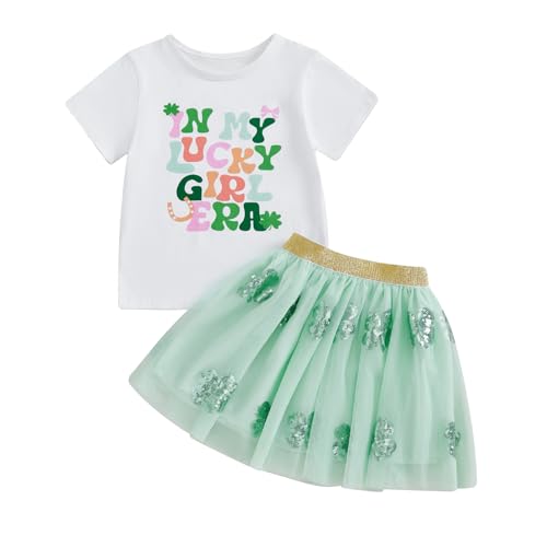 YINGISFITM St Patricks Day Baby Girl Outfit Letter Short Sleeve T Shirt Clover Sequin Skirts Sets Toddler Girl Clothes Lucky Girl Green 34T - Image 1
