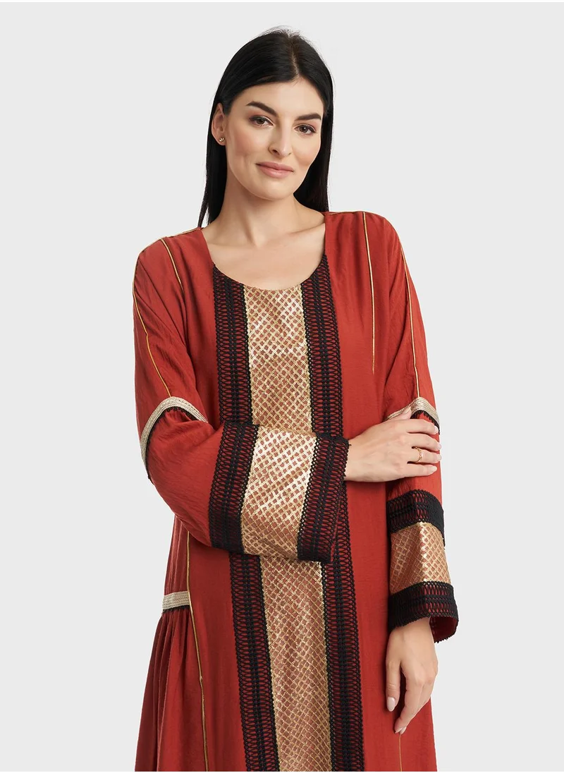 KASHKHA Brown Kuwaiti Cut Lace & Sequins Work Jalabiya
