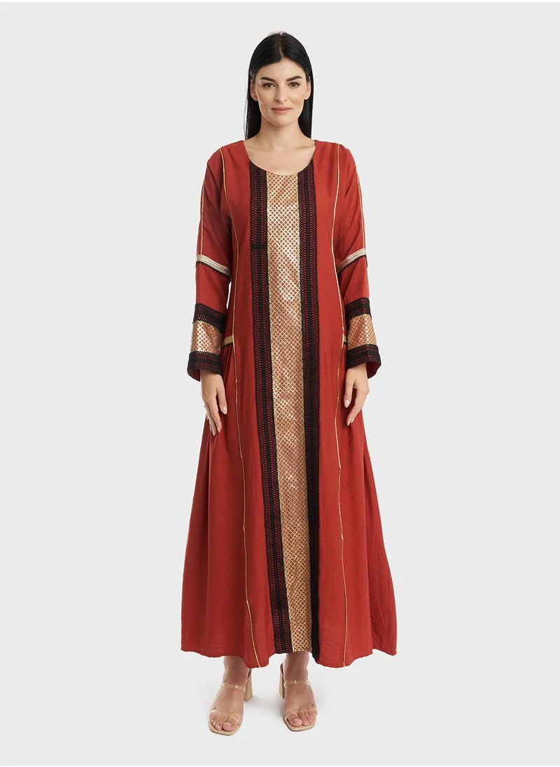KASHKHA Brown Kuwaiti Cut Lace & Sequins Work Jalabiya