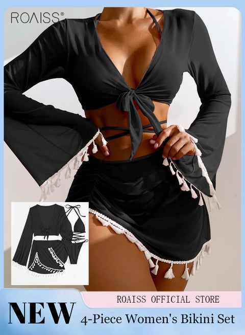 4-Piece بيكيني نسائي ملابس السباحة الشيفون شرابة قميص الحماية من الشمس انقسام تنورة قصيرة غرامة حزام مشبك تصميم البرازيلي بيكيني