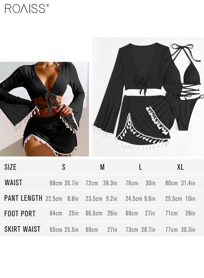 roaiss 4-Piece Women's Bikini Swimsuit Chiffon Tassel Sun Protection Shirt Split Short Skirt Fine Strap Buckle Design Bra Bikini - Image 5