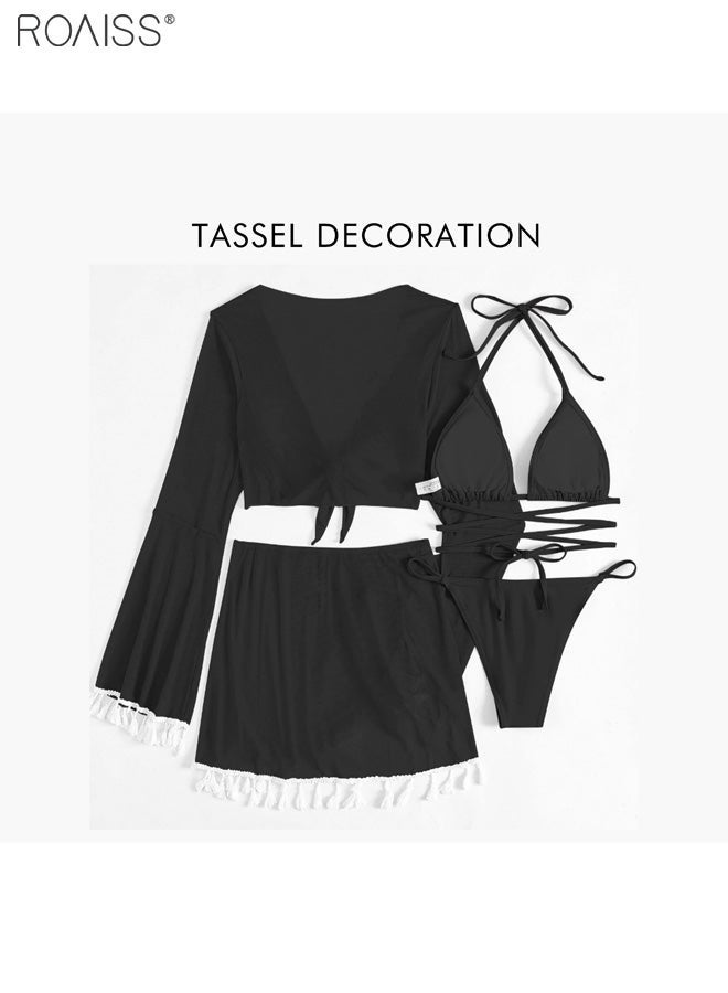roaiss 4-Piece Women's Bikini Swimsuit Chiffon Tassel Sun Protection Shirt Split Short Skirt Fine Strap Buckle Design Bra Bikini - Image 4