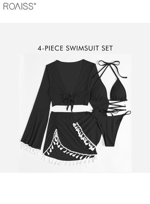 4-Piece Women's Bikini Swimsuit Chiffon Tassel Sun Protection Shirt Split Short Skirt Fine Strap Buckle Design Bra Bikini