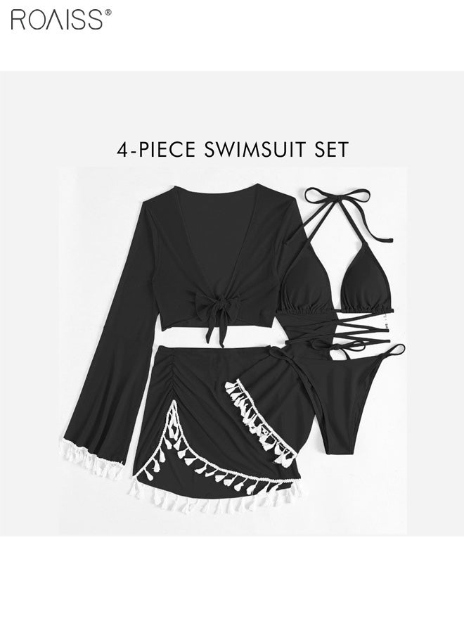 roaiss 4-Piece Women's Bikini Swimsuit Chiffon Tassel Sun Protection Shirt Split Short Skirt Fine Strap Buckle Design Bra Bikini - Image 1