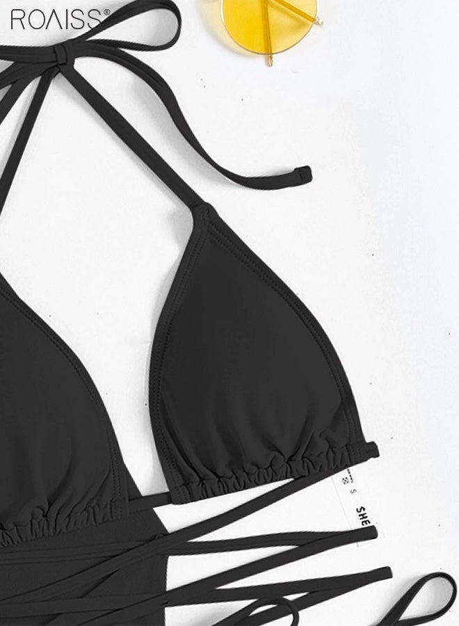 roaiss 4-Piece Women's Bikini Swimsuit Chiffon Tassel Sun Protection Shirt Split Short Skirt Fine Strap Buckle Design Bra Bikini - Image 3