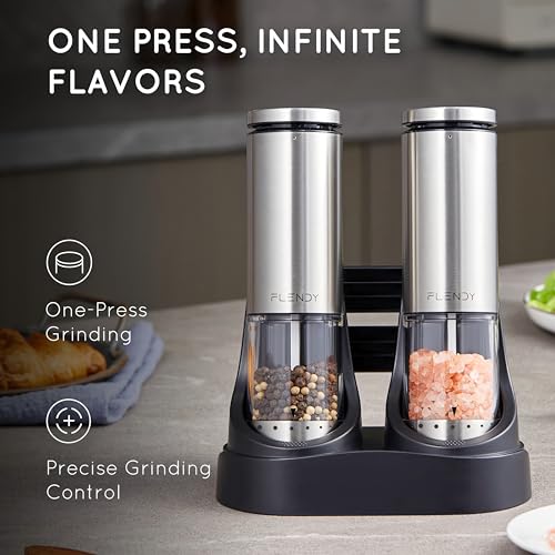 Flendy Electric Salt and Pepper Grinder Set Rechargeable, Automatic Salt and Pepper Grinder Set with Oversized Top Button, Stainless Steel Electric Salt and Pepper Shakers Set - Image 2