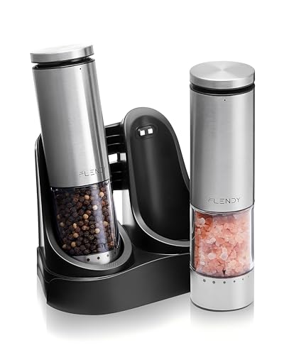 Flendy Electric Salt and Pepper Grinder Set Rechargeable, Automatic Salt and Pepper Grinder Set with Oversized Top Button, Stainless Steel Electric Salt and Pepper Shakers Set - Image 1
