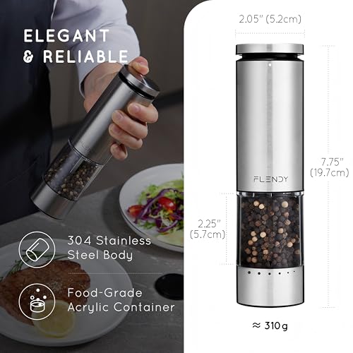 Flendy Electric Salt and Pepper Grinder Set Rechargeable, Automatic Salt and Pepper Grinder Set with Oversized Top Button, Stainless Steel Electric Salt and Pepper Shakers Set - Image 3